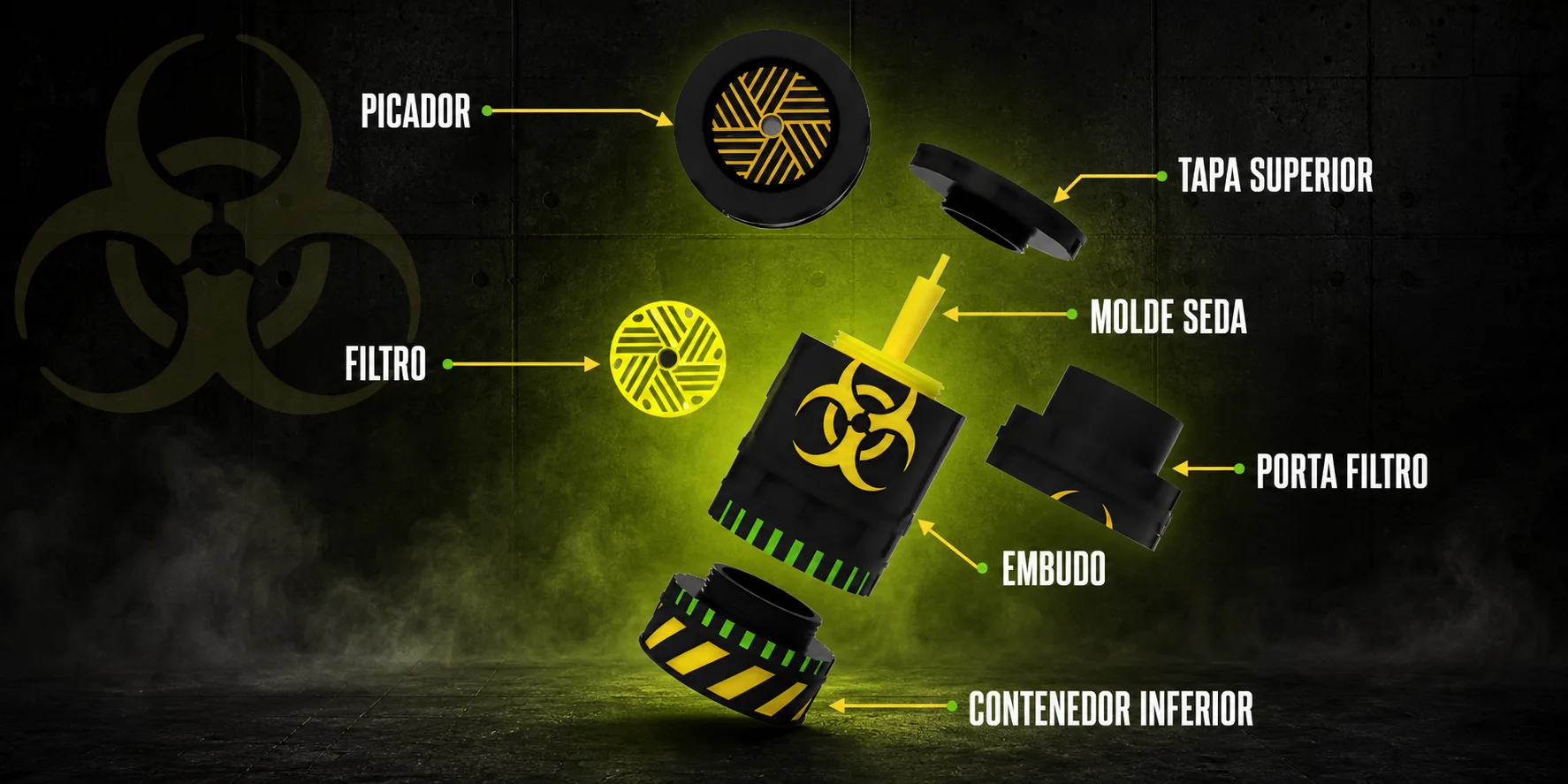 Piezas de un Tótem: picador, tapa superior, molde de seda, porta filtro, filtro, embudo y contenedor inferior